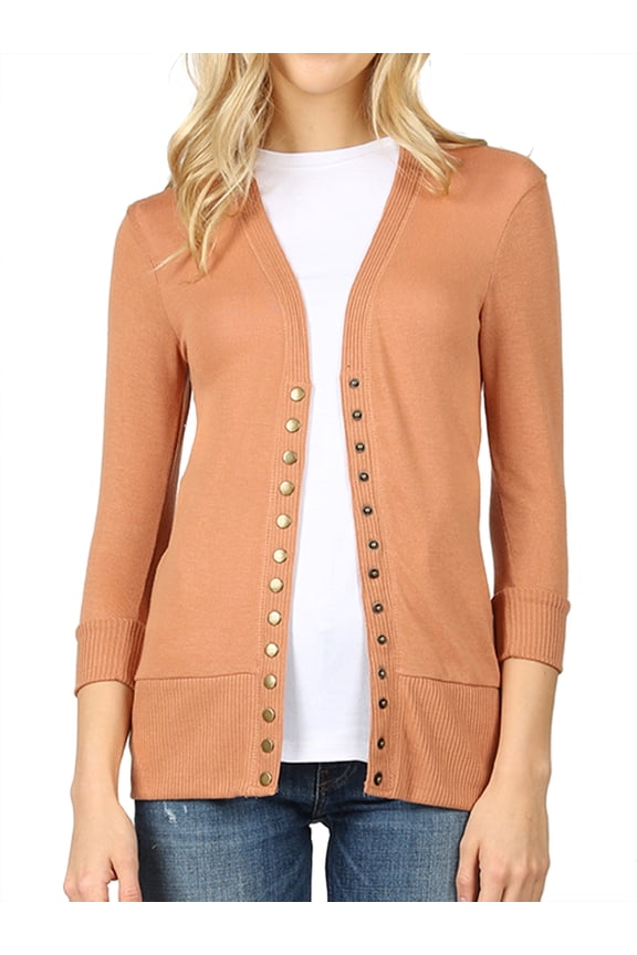 Women Classic Thin Snap Button Front V-Neck Button Down 3/4 Sleeve Ribbed Knit Cardigan