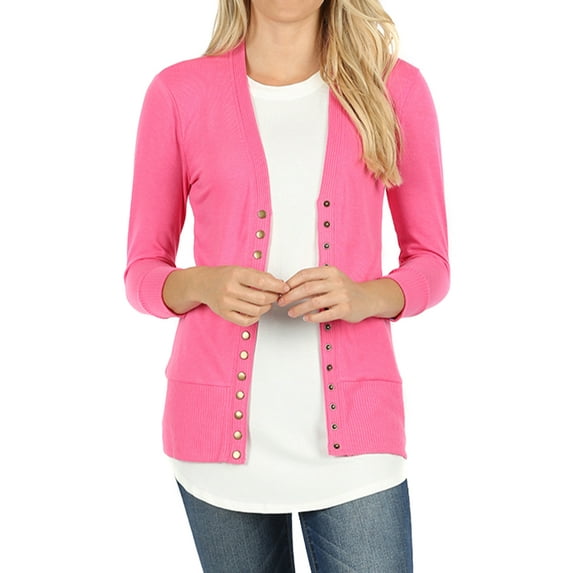 Women Classic Thin Snap Button Front V-Neck Button Down 3/4 Sleeve Ribbed Knit Cardigan