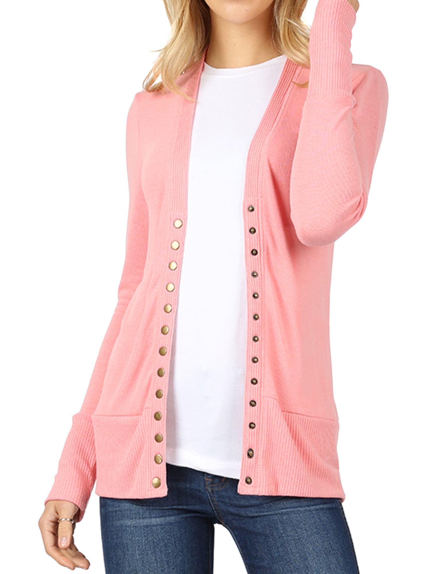 Women Classic Thin Snap Button Front V-Neck Button Down Long