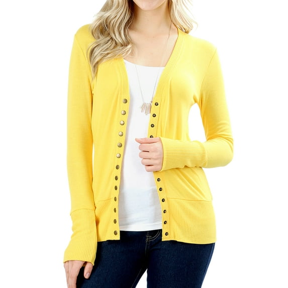 Women Classic Thin Snap Button Front V-Neck Button Down Long Sleeve Ribbed Knit Cardigan