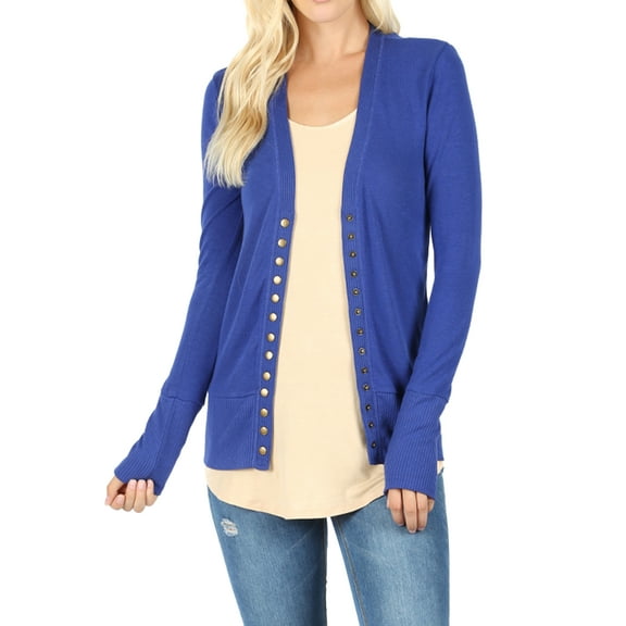 Women Classic Thin Snap Button Front V-Neck Button Down Long Sleeve Ribbed Knit Cardigan