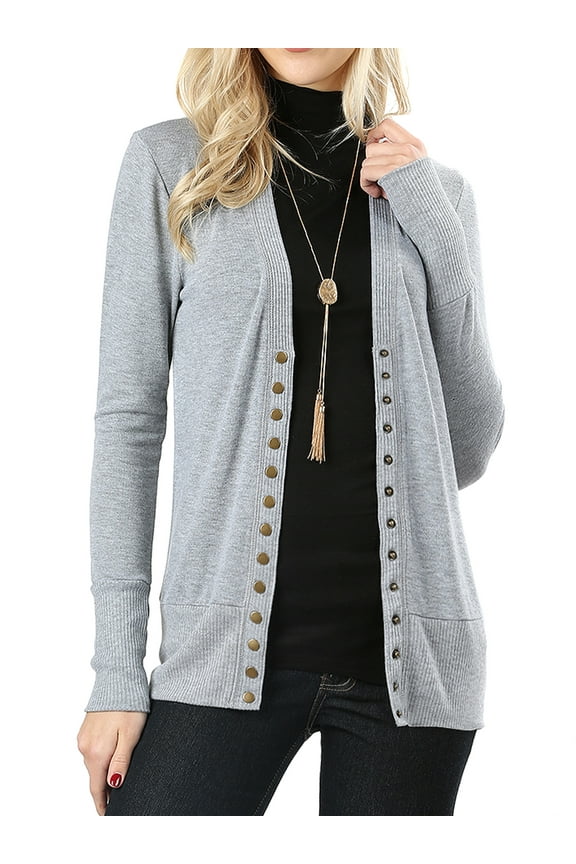 Women Classic Thin Snap Button Front V-Neck Button Down Long Sleeve Ribbed Knit Cardigan