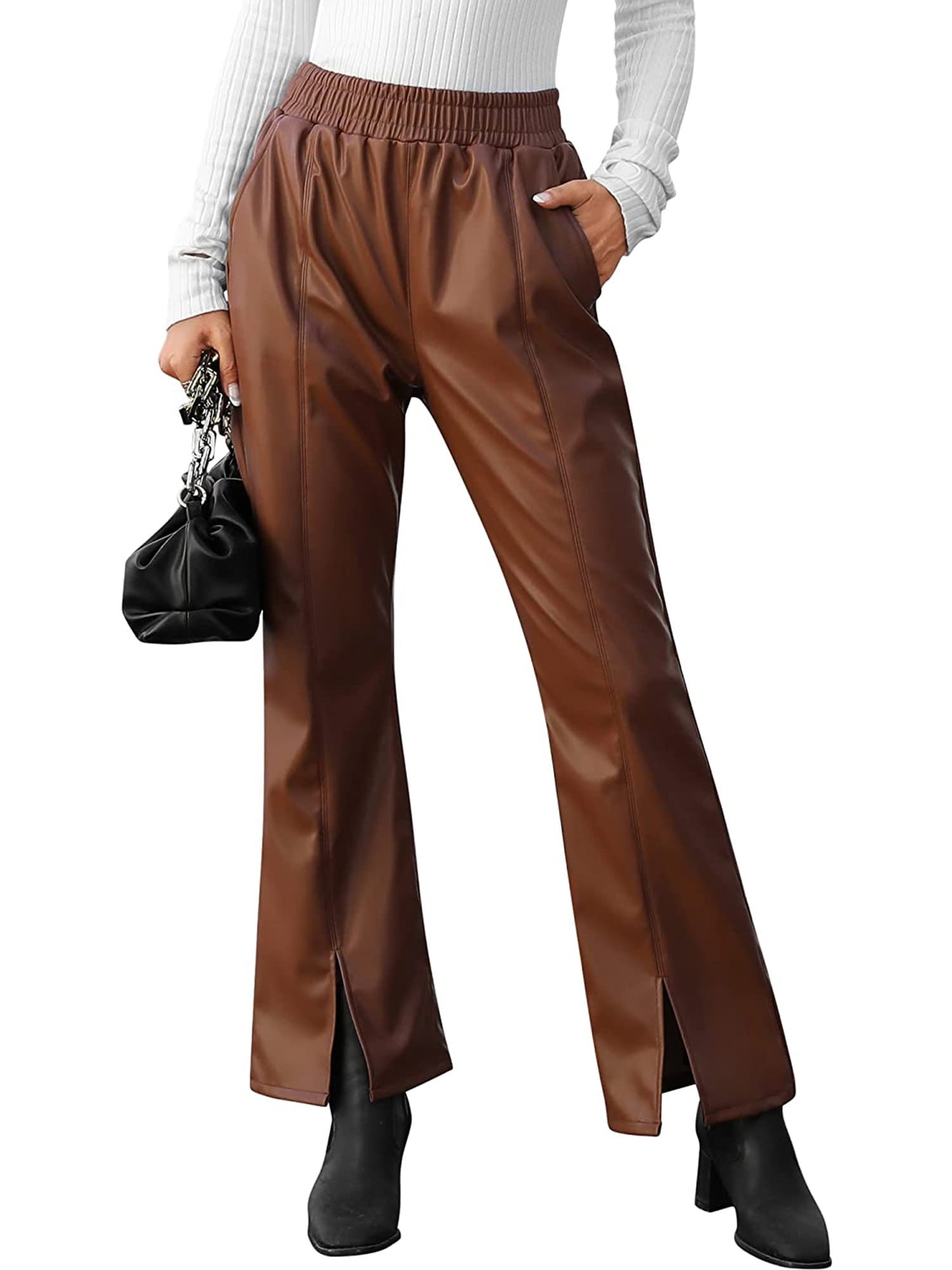 Women Classic Women PU Leather Trousers Solid Color High Waist