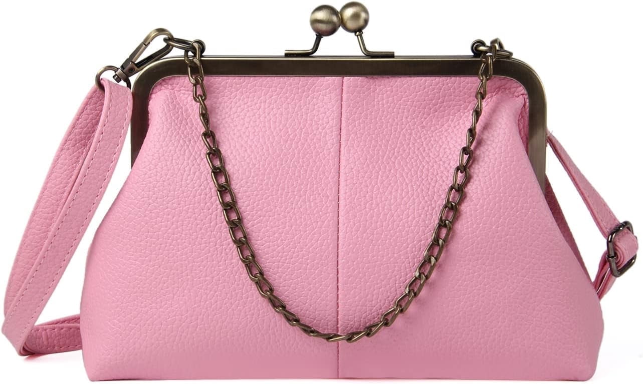 Gioobbt Leather Kiss Lock Clutch with Chain Strap Shoulder Bag Wallet, Bronze
