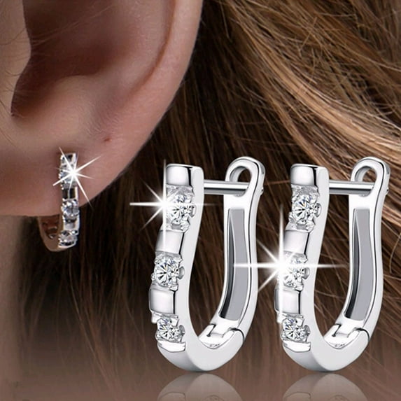 Women Classics 925 Sterling Silver White Crystal U-Shaped Hoop Earrings