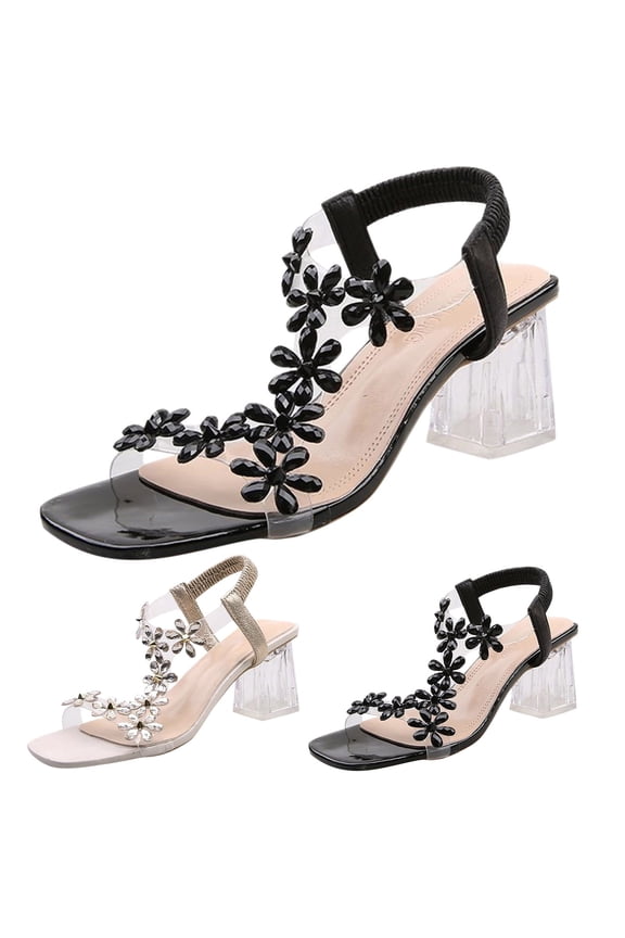 Women Clear Block Sandals Fashion Rhinestone Elastic Ankle Strap Chunky Heels Sexy Elegant Square Toe Party Wedding Shoes Black Size 8