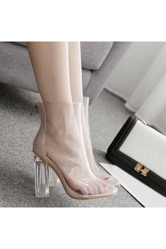 Women Clear Chunky Heel Ankle Boots Pointed Toe Rhinestone Metal Block Heel PVC Transparent Booties Open Toe Zipper Summer Dress Boots Fashion Party Wedding Dance Shoes