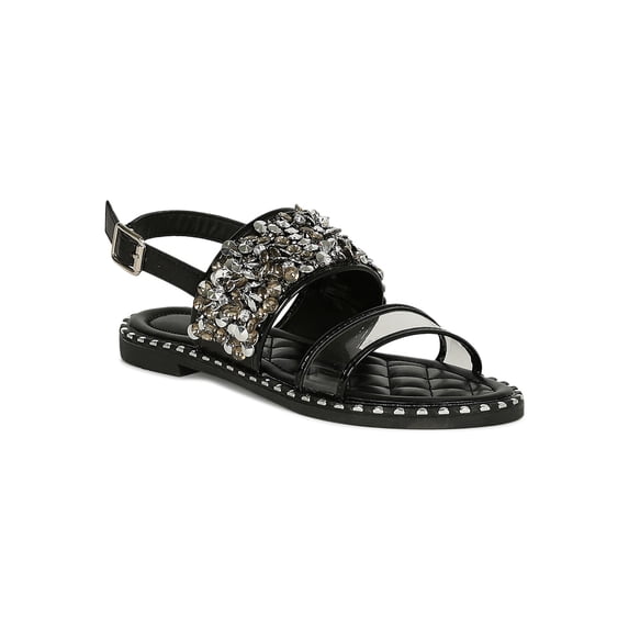 Women Clear Open Toe Rhinestone Embellished Slingback Flat Sandal 19092