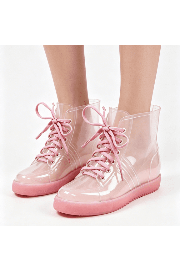 Women Clear Transparent Ankle Rain Boots Lace Up Colorful Sole Waterproof Lightweight Short Rain Shoes