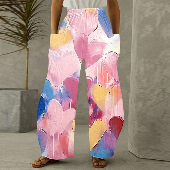 Women Clearance All 2024!LEBONYARD Plus Size Pants for Women,Women Casual Printing Pockets Elastic Mid-Waist Comfortable Wide-Legged Loose Pants Multicolor S