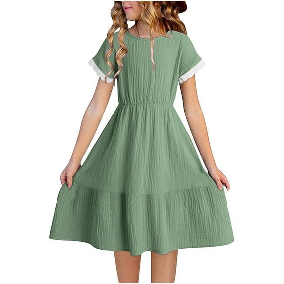 GaThRRgYP Girls Dresses Summer Short Sleeve,Children's and Girls' Solid Color Cotton and Round Neck Short Sleeve Spliced Lace Dress Green 11 Years