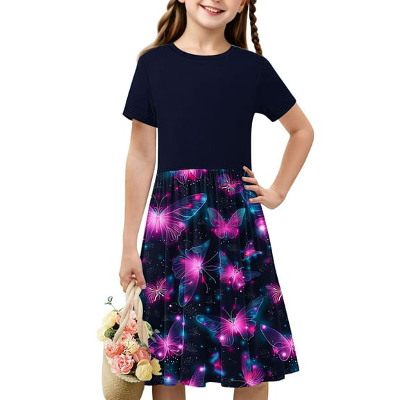 GaThRRgYP Girls Dresses Summer Short Sleeve,Toddler Kids Girls Cute Splicing Print Short Sleeve Stretchy Dress A Line Dress Multicolor 4 Years
