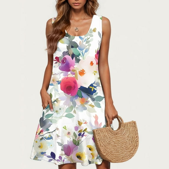 Women Clearance All 2025!Viikei Women's Plus Size Summer Dresses,Ladies' Fashion Trend Floral Print Sleeveless Round Neck Knee Length Skirt Multicolor S