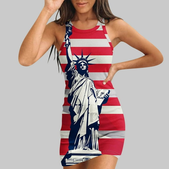 Women Clearance All 2025!Viikei Women's Summer Boho Sleeveless Dress,Women Casual Bodycon Printde Ribbed Sleeveless Tank Round Neck Camisole Dress Red L