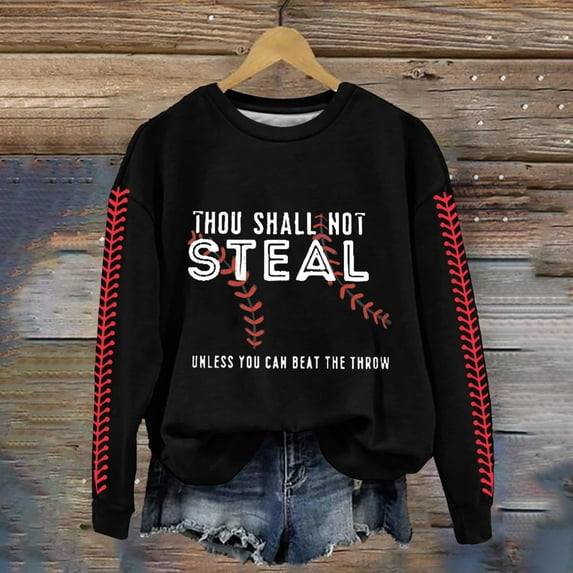 Women Clearance Oversized Crewneck Sweatshirt Women Retro Baseball Thou Shall Not Steal Unless You Can Beat The Throw Print Sweatshirt