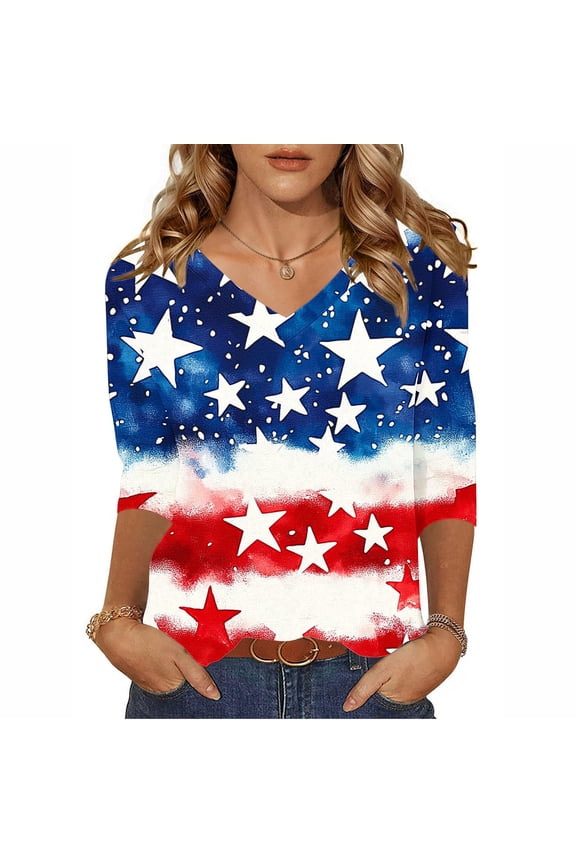 Women Usa Shirt Women Patriotic Oversized T Shirts 3/4 Sleeve Plus Size Graphic Tees Trendy American Flag Shirt Fourth of July Crewneck Tshirts Summer Tunic Tops Striped Stars Blouses