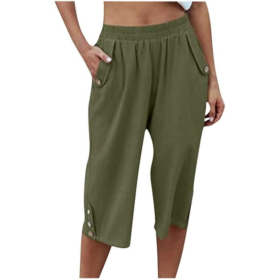 Women Clearance Womens Pants Elasticated Waist Trousers Casual Solid Color Slacks Trendy Button Pants 3/4 Capri Trousers Straight Leg Slacks Wide Leg Pants Loose Training Trousers
