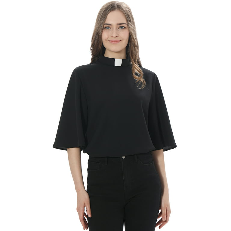 Women Clergy Shirt Church Pastor Priest Blouse Clerical Tab Collar Flared  Sleeve