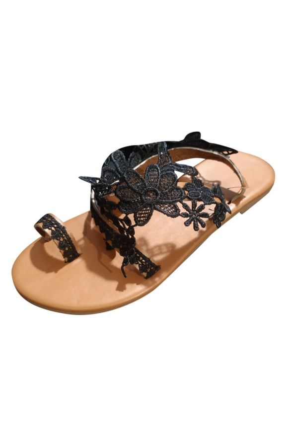 Women Clip Toe Flats Sandals Retro Lace Slippes Summer Beach Travel Slip-On Slides Sandal