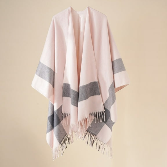 Women Cloak Shawl Cardigan Shawl Color Blocking Striped Windproof Warm Fashionable for Autumn Spring Winter