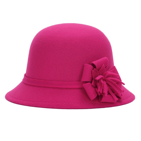 Women Cloche Bucket Hat, Vintage Fashion Elegant Solid Color Flower Decor Soft Woolen Winter Warm Bowler Cap for Wedding Church Tea Party