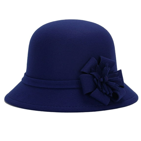 Women Cloche Bucket Hat, Vintage Fashion Elegant Solid Color Flower Decor Soft Woolen Winter Warm Bowler Cap for Wedding Church Tea Party