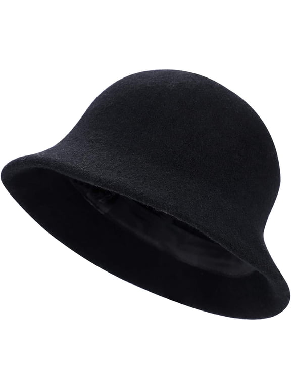 Women Cloche Bucket Hat Vintage Faux Wool Felt Hat Winter Warm Church Bowler Cap Ladies Fedora Fall Bell Round Cap