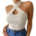 thumbnail image 1 of Women Close-fitting Simple Style Vest, Solid Color Halter Neck Sleeveless Crop Tops Ropa Mujer, 1 of 6