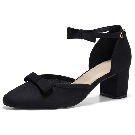 Women Closed-Toe Ankle-Strap Pumps with Bow Detail — Low Block Heel Dress Shoes