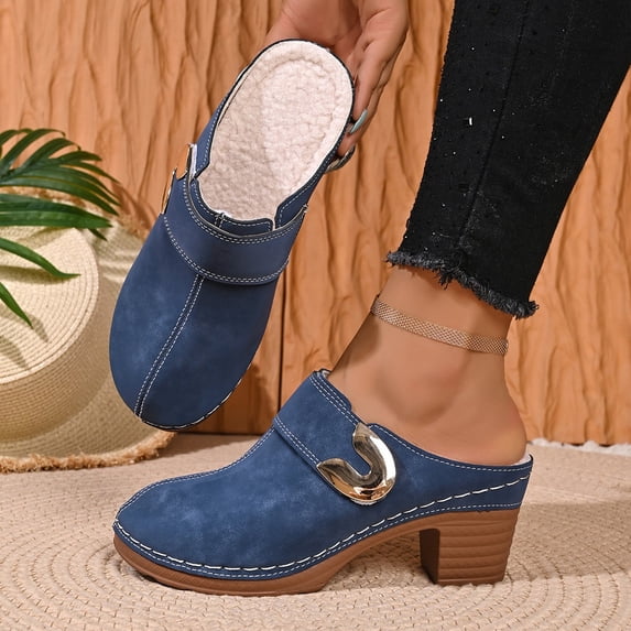 Women Closed Toe Fleece Lined Mule Clogs Slip On Shoes Curved Metal ...