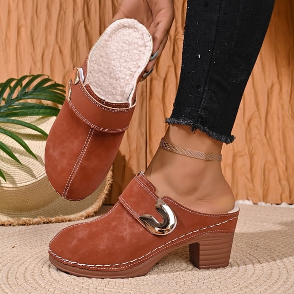 Women Closed Toe Fleece Lined Mule Clogs Slip On Shoes Curved Metal ...