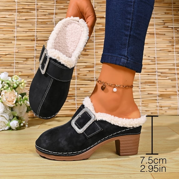 Toe Rhinestone Women Closed Toe Fleece Lined Mule Clogs Slip On Shoes Rhinestone ...