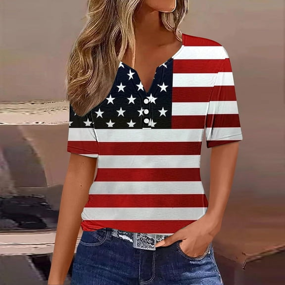 Women Clothes On Patriotic Shirts for Women Short Sleeve 4Th of July Tops V Neck American Flag Shirt Star Striped Graphic Blouse Usa T Shirt Clothes Under 5.00