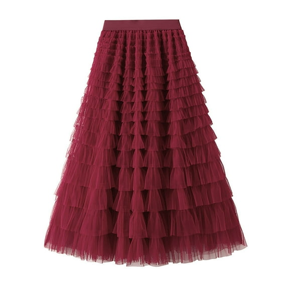 Women Clothes,Women Solid Color Ruffled Mesh Skirt High Waist Prom Poached Skirt Half-Length Skirt