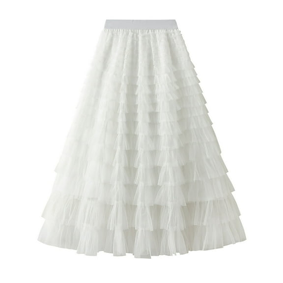 Women Clothes,Women Solid Color Ruffled Mesh Skirt High Waist Prom Poached Skirt Half-Length Skirt