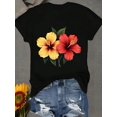 thumbnail image 1 of Women Clothes Hibiscus Print Black TShirt, Unisex Casual Crew Neck Tshirt, 1 of 9