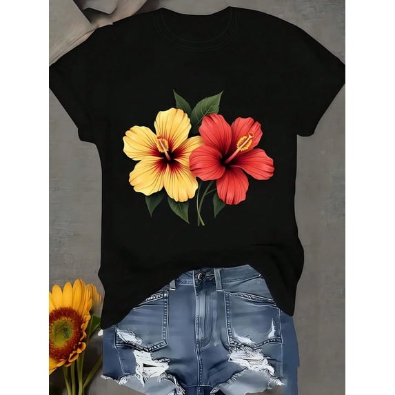 Women Clothes Hibiscus Print Black TShirt, Unisex Casual Crew Neck Tshirt