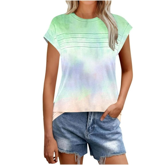 Women Clothes Trendy Trendy Tops for WomenWomens Tops Dressy Casual Short Sleeve Scooped Neck T Shirts Flowy Pleated Front Blouses Summer Trendy Print Outfits