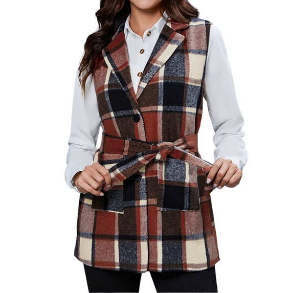 Fall Clothes for Women Baeitkot Elegant Plaid Sleeveless Jacket Belted Collared Coat with Side Pockets Flattering Daily Casual