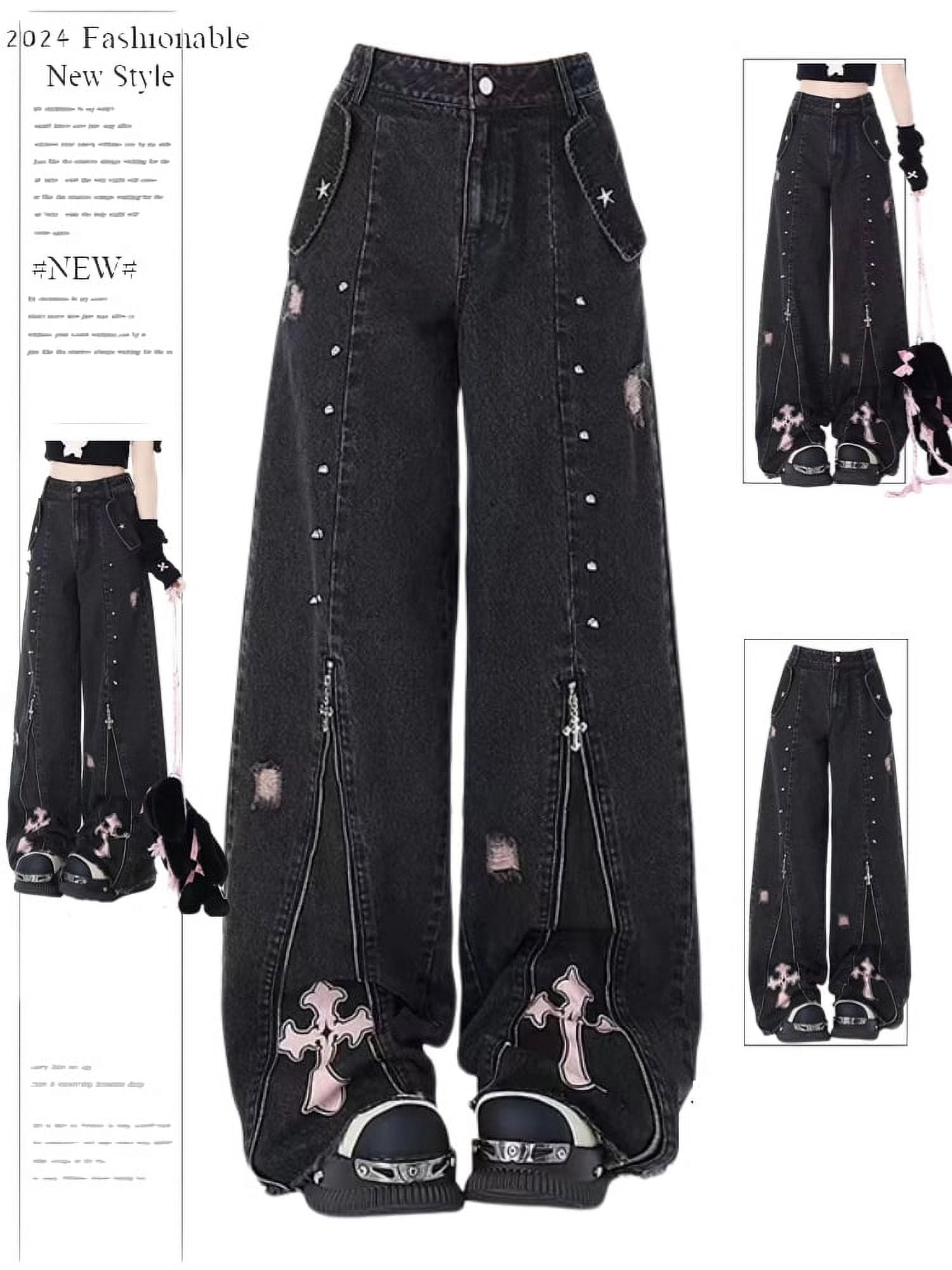Women Clothing Black Gothic Jeans 90s Aesthetic Y2k Oversize
