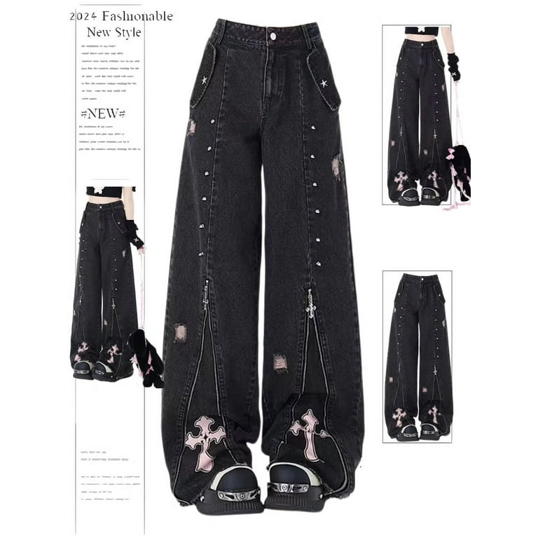 Women Clothing Black Gothic Jeans 90s Aesthetic Y2k Oversize