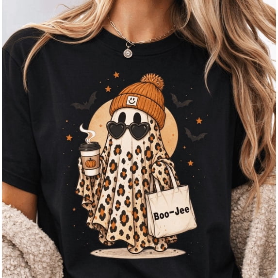 Women Clothing Boo‑Jee Halloween Ghost Printed Graphic T‑Shirt Crew Neck Casual Tees Women's holiday T-shirt