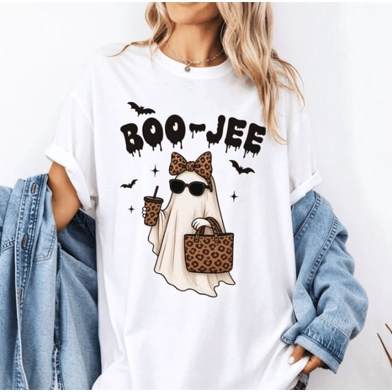 Women Clothing Boo‑Jee Halloween Ghost Printed Graphic T‑Shirt Crew Neck Casual Tees Women's holiday T-shirt