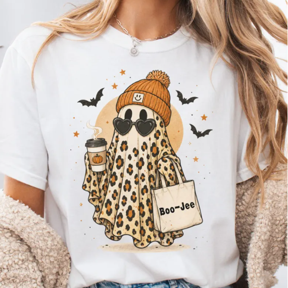 Women Clothing Boo‑Jee Halloween Ghost Printed Graphic T‑Shirt Crew Neck Casual Tees Women's holiday T-shirt