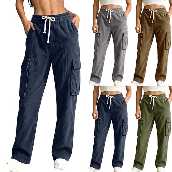 Women Clothing Cargo Pants Women's Fashion Solid Color Cargo Straight-Leg Pants With Multiple Pockets Elastic Waist Drawstring Navy S