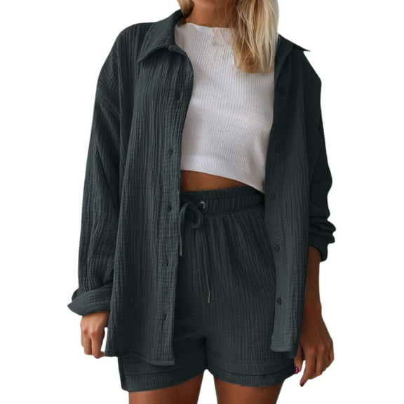 Women Clothing Set Long Sleeve Shirt and Shorts Polyester Casual Spring Outdoor Wear