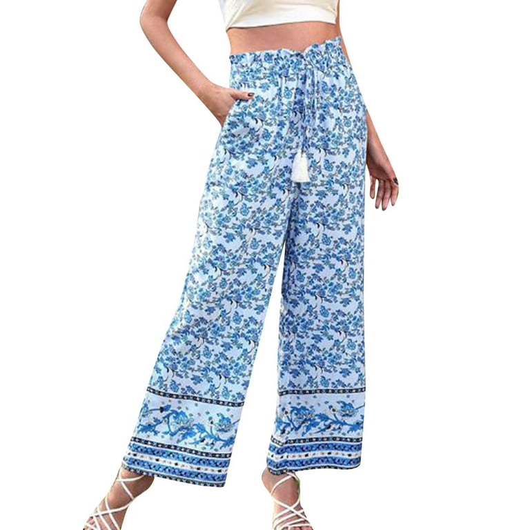 Women Clothing Women's Loose And Casual Pants Vintage Printed Wide Leg  Pants Casual Pants for Women Rayon Blue