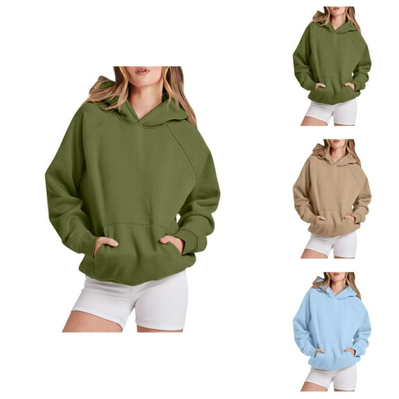 Women Clothing Women's Solid Color Sweatshirt Women Solid Basic Letter Loose Hoodie Sweatshirt Long Sleeve Pocket Drop Shoulder Pullovers Top