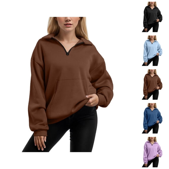 Women Clothing Women's Solid Color Sweatshirt Women's Half Zip Pocketed Long Sleeve Pullover Hoodie For Sports & Leisure