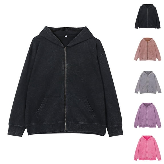 Women Clothing Women's Solid Sweatshirt Women's Heavyweight Pullover Hoodie Zip Up Sweatshirt With Distressed Wash For Casual Wear